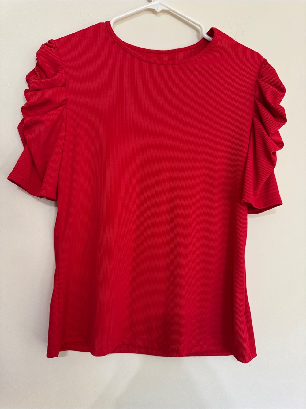 Ruffled Short Sleeve Red Tee with Statement Sleeves
